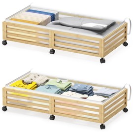 Wisuce Home Under Bed Storage Containers With Wheels - 2 Pcs Large Bamboo Wood Rolling Underbed Shoe Storage Bins With Dust Bags for Clothes Blankets, Duvet Covers Snacks Toys (Natural)