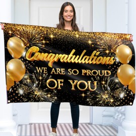 Congratulations Banner for Prom - Congratulations Decorations - Well Done - We Are So Proud of You - 5x3ft (Black and Gold)