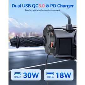 EXTRACTME Motorcycle Phone Charger, Ultra-Narrow Dual USB Type C 30W PD & Quick Charge 3.0 Motorcycle USB Charger, Waterproof Motorcycle USB Port for Phone, Tablet, GPS (Only 0.51 in Wide), Black