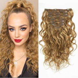 Anrosa Natural Wave Curly Clip in Hair Extensions 20 Inch 120G Double Wefts Thick 8A Human Hair Extensions for Women Brazilian Hair Extensions #27 Strawberry Blonde Color Full Head 7 Pcs