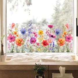 Tanlaby Garden Flower Window Clings Spring Summer Wildflower Grass Window Decals Colorful Florals Window Stickers Double Sided Anti-Collision Static Clings for Home Glass Window Doors Window Decals