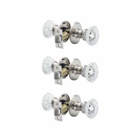Cielsa Dawn Glass Door Knobs Interior with Lock, Satin Nickel Door Handles, Crystal Door Knobs with Lock(Satin Nickel, Privacy),3pack