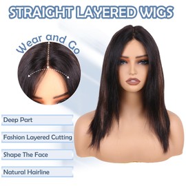 ManeMajesty Straight Wigs Human Hair Wear and Go Glueless Wigs Human Hair Pre Plucked Pre Cut HD Lace Front Wig 180 Density Layered Wig Black Mixed Brown 16 inch FS1B/30