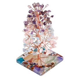 SUNYIK Handmade Natural Rose Quartz/Amethyst/Aquamarine Crystal Stone Money Tree Set on Orgone Agate Slice Base, Tree of Life Healing Crystal Stone Figurine Decoration for Wealth Luck 4.7''-6'' Tall