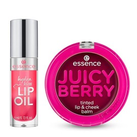 essence - Pack Bálsamo Tinte Juicy Berry (3g) + Aceite Labial Hydra Kiss Pink Champagne (4ml), Hidratación, Brillo y Color Natural