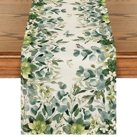 Artoid Mode - Camino de mesa de verano con flores verdes, diseño floral de eucalipto, decoración de mesa de comedor de primavera, para decoración de fiesta en el hogar, 33.02 x 182.88 cm