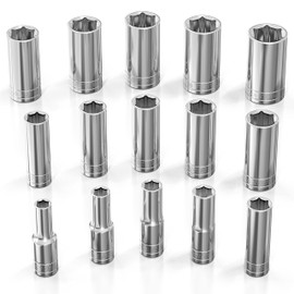 Olsa Tools SAE Deep Socket Set - 1/2-Inch Drive, 18pc - 6-Point Chrome Sockets from 3/8" to 1-1/4" and No Skipped Sizes - Mechanic Deep SAE Socket Set - Professional Grade Long Sockets - Part: 1319
