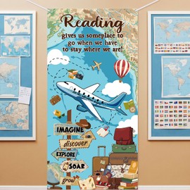 Supervitae Reading Classroom Door Cover Decor Library Door Banner Motivational Reading Travel Hanging Backdrop for Back to School Classroom Library Office Outdoor Indoor Decor,71 X 35 Inch