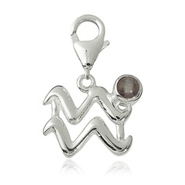 Pendant Charm Zodiac Aquarius 15 mm, Gemstone 925 Sterling Silver Gray with Fluorspar, Karabiner for Chain Bracelet