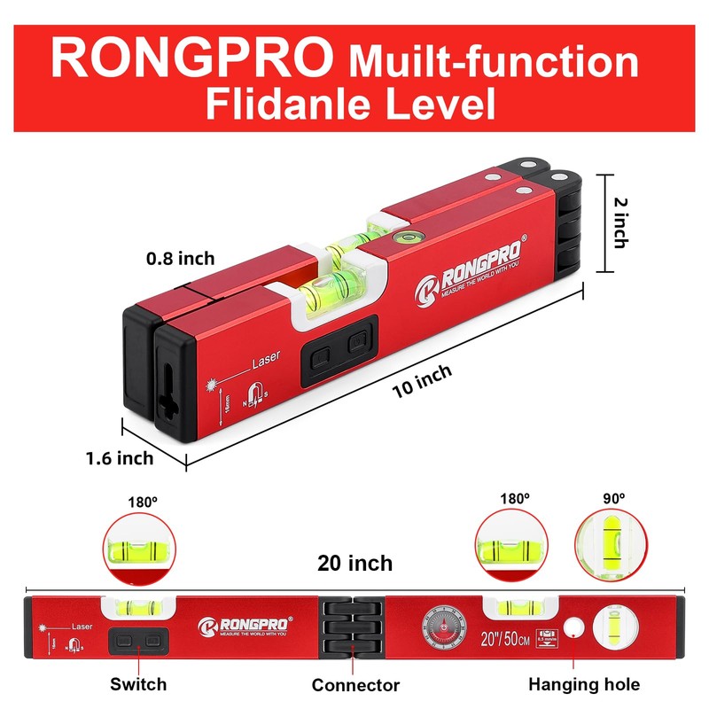 RONGPRO 20Inch Foldable Magnetic Level-with 30Ft Laser Leveling Line and