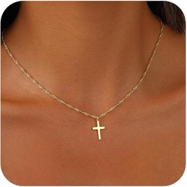 Collar de cruz de oro para mujer, delicado collar de oro de 14 quilates, circonita cúbica de rosa, cadena de cruz pequeña, moda de Pascua, bautismo cristiano, religioso, regalos de joyería