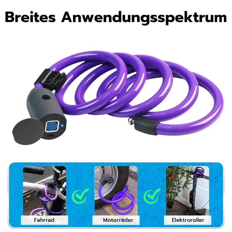 Anweller Bicycle Lock Fingerprint, 1.5 m Cable Lock, Waterproof, Portable