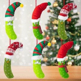 Haooryx Christmas Winter Pickle Ornament - 6Pcs Christmas Pickle in Santa Hat Ornaments Funny Plush Xmas Pickle Ornament Green Cucumber German Christmas Tree Xmas Holiday Party Favors Decoration