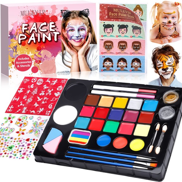 MULEVIP Body Painting, Body Painting, 24 Colours Face Painting, Face Paint Kit with 30 Stencils and 3 Brushes, Glitter, 250 Gems, Halloween Make Up, Children's Face Makeup Body Painting, Parties
