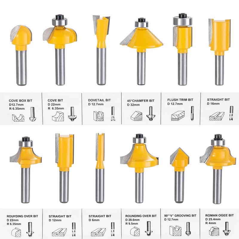 HPMAISON 12-Piece Cutter Set for Routers, Cylindrical Shank 8 mm,