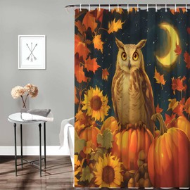 Fabric Shower Curtain for Bathroom, Fall Night Owl Custom Shower Curtain Set with Hooks, Luxury Bathroom Curtains, Pumpkin Maple Leaf Waterproof Polyester Bathroom Accessories, 72x84inch