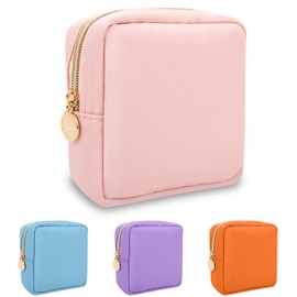 Nylon Mini Makeup Bag for Purse, Preppy Small Cute Pink Makeup Bag Cosmetic Zipper Pouch Purse, Waterproof Travel Coin Pouch Sanitary Napkin Storage Bag Clutch Makeup Organizer for Women Girls(Pink)