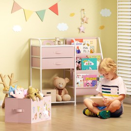 BBLIKE Kids Bookshelf and Toy Storage Organizer - 3 Tier Book Shelf with Movable Toy Box for Kids Rooms, Ideal Bookcase and Toy Organizer with 2 Drawers for Playroom, Bedroom, Nursery, Pink