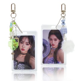 2 Sets Photocard Holder with Cute Bear and Lucky Four-Leaf Clover Keychain Y2K Badge Charm Holders Korean Style Transparent Card Sleeves Kawaii Photo Card Keychain Acrylic ID Bus Card Holders