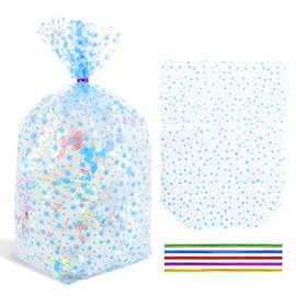 SOMIOCO Cellophane Treat Bags 12x16 Inches, Flat Bottom Gusset Party Favors Goodie Bags 50 Pack Blue Star for Gift Candy Cookies Popcorn, Wedding Baby Showers