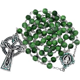 CB Catholic St Patrick Green Glass Marble Bead Rosary Gift Set
