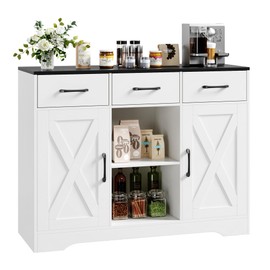 HOSTACK Modern Farmhouse Buffet Cabinet with Storage, Barn Doors Sideboard Buffet Storage Cabinet with Drawers and Shelves, Wood Coffee Bar Cabinet for Kitchen, Dining Room, Living Room, White/Black