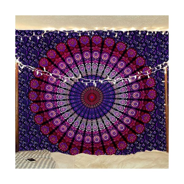 Bless International Indian Hippie Bohemian Psychedelic Peacock Mandala Wall Hanging Bedding Tapestry (Purple Pink, King(88x104Inches)(225x265Cms))