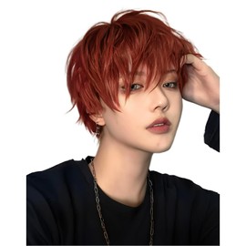 Sofeiyan Men's Short Wig, Black Wig, Black Hair, Men's Clothing, Harajuku, Handsome, Full Wig, Natural, Small Face, Heat Resistant, Popular, Cosplay, Unisex, For Everyday Use, Includes Wig Net (Red)