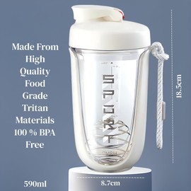 Qavi Protein Shaker Bottle With Stainless Steel Mixing Wire Ball and Rope, Premium Shaker Made of Tritan Materiel BPA Free, Durable Leakproof And Odourless | 590ml White