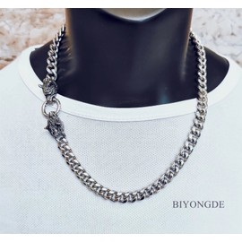 BIYONGDE Masculine Heavy Miama Cuban Link Chain Pendant Necklace for men, Vintage Wolf Head Spring Ring Clasp, Punk Rock