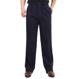 Soojun Men's Cotton Relaxed Fit Full Elastic Waist Twill Pants, Navy, 32W x 28L