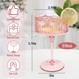 Zealor 28PCS Plastic Martini Glasses Disposable, 10oz Gold Rimmed Martini Glasses Plastic Reusable with Rim and Stem, Transparent Striped Detachable Champagne Coupe Cocktail Cups for Wedding Party Bar