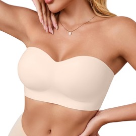 Strapless Bras for Women Bandeau Bra - Push Up Wireless Padded Tube Top Bras with Clear Straps - Tube Tops Minimizer Seamless Plus Size Bralette for Womens Underwire Support Bralettes Back Smoothing