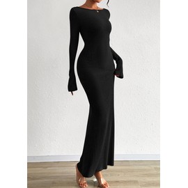 PRETTYGARDEN Women's Fall Fashion 2025 Long Sleeve Maxi Dress Ribbed Knit Boat Neck Bodycon Casual Dresses Going Out Outfits (Black,XX-Large)