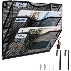 Wall File Organizer, 3 Tire Hanging File Folder Mail Organizer, Vertical Mesh Metal Door/Wall Mount Hanging File Holder, Paper Document Magazine Rack with Hooks for Home Office Black