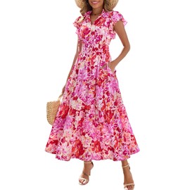 Kranda Women Summer Self-tie V Neck Short Ruffle Cap Sleeve Casual High Waist Swing Flowy Long Beach Tiered Boho Floral Maxi Dress with Pockets Rose Red X-Large