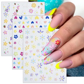 Flower Nail Art Stickers 5D Embossed Self Adhesive Nail Decals Spring Daisy Nail Design Summer Flower Petal Heart Nails Supplies Nail Sticker for Women Girl DIY Manicure Nail Decorations 3Shees
