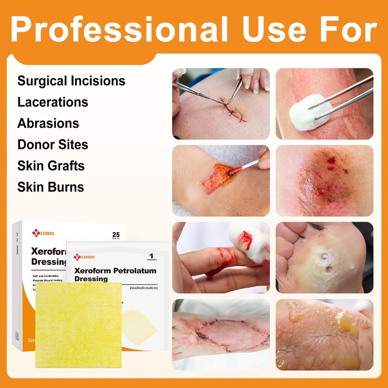 Carbou Medical Xeroform Petrolatum Dressing 2"x2", 25 Individual Pack, Non-Adherent