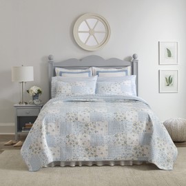 Laura Ashley - Queen Quilt Set, Cotton Reversible Bedding with Matching Shams, Bedroom Decor Ideal for All Seasons (Kenna Blue, Queen)