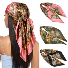 Kajeer Pack of 3 Headscarf Silk Scarf for Women - 90 x 90 cm Large Square Elegant Scarves Scarf for Women Satin Bandana Girls Headscarf Hair Accessories, Cashew (black/pink/green)