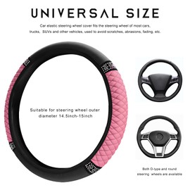 ZNDAW Bling Car Steering Wheel Cover, 15 Inch Sparkly Rhinestone Soft Leather Steering Wheel Protector, Non-Slip Universal Auto Elastic Steering Wheel Covers for Women Girls (Pink)