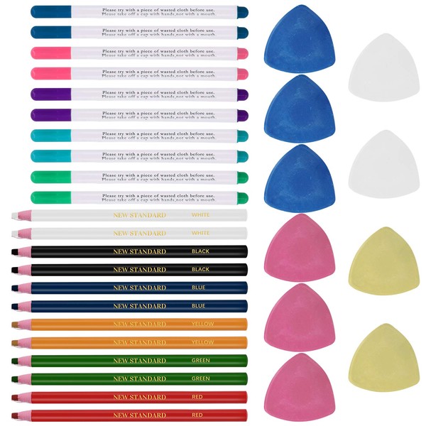 Rustark 32 Pcs Tailoring Marker Tools Including 10 Pcs Triangle Tailor's Fabric Marker Chalk 10 Pcs Disappearing Ink Fabric Marker Pen and 12 Pcs Sewing Marking Pencil for Quilting Sewing Dressmaking