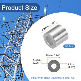 sourcing map Aluminum Wire Rope Stop Sleeve 1/8"(3mm) Crimping Loop Sleeve Round Cable Ferrule for Wire Rope Cable Line, Pack of 50