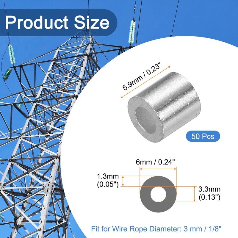 sourcing map Aluminum Wire Rope Stop Sleeve 1/8"(3mm) Crimping Loop