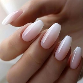 Pack of 24 Pink White Gradient Nails for Sticking - Short Ballerina Artificial Nails, Gentle Ombre Press On Nails, Shiny Acrylic Full Cover False Nails for Women and Girls Party Home DIY (Pink