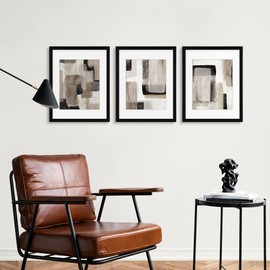 ArtbyHannah 11x14 Inch Black Framed Abstract Wall Art Set of 3 with Brown Black Tan Blocks for Wall Decor, Extra Art Prints of Botanical Included