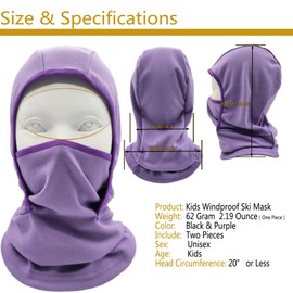 Kids Balaclava Ski Mask Windproof Fleece Neck Warmer Gaiter Winter Face Warmer for Cold Weather Boys Girls (2pcs Black+Purple)