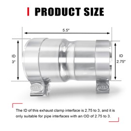 Stainless Steel 2.75 to 3 Inch Exhaust Adapter, 2.75" ID to 3" ID Exhaust Reducer Connector Pipe with Clamp