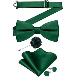 DiBanGu Mens Satin Pre-tied Bowtie Shiny Solid Bow Tie and Pocket Square Cufflinks Lapel Pin Set for Tuxedo Wedding Party, Emerald Green