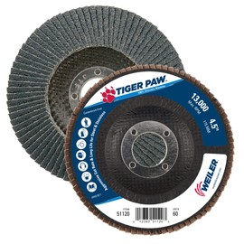 Weiler 51120 4-1/2" Tiger Paw Abrasive Flap Disc, Angled (Ty29), Phenolic Backing, 60Z, 7/8" Arbor Hole (Pack of 10)